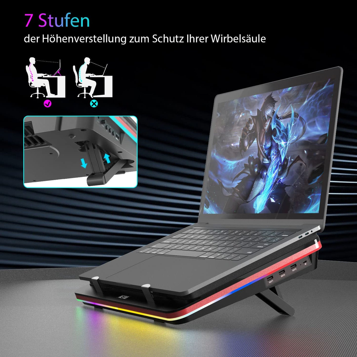IETS GT500 Powerful Turbo Fan (5000 RPM) RGB Laptop Cooling Pad with stepless speed, sealing foam for fast cooling gaming laptop, 13-17.3 inch cooler with 3-port USB hub.