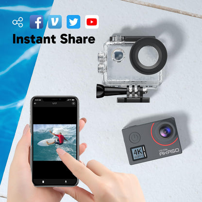 AKASO Action Cam 4K60FPS 40M underwater camera 20MP WiFi Action Camera with touchscreen EIS with 8X zoom voice control remote control accessory kit sports camera (V50 Elite)