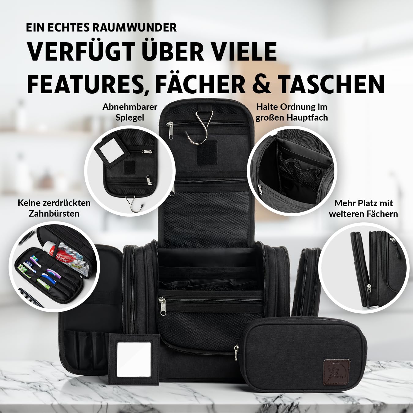 Obics toiletry bag for women & men large black 8L XL - hanging toiletry kit with mirror & travel pouch - outdoor cosmetic bag big as gift set with 10 compartments for camping & travelling