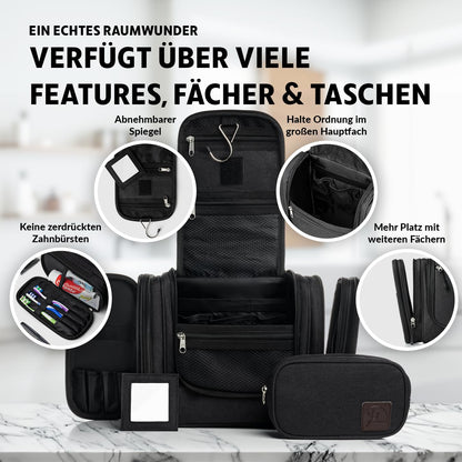 Obics toiletry bag for women & men large black 8L XL - hanging toiletry kit with mirror & travel pouch - outdoor cosmetic bag big as gift set with 10 compartments for camping & travelling