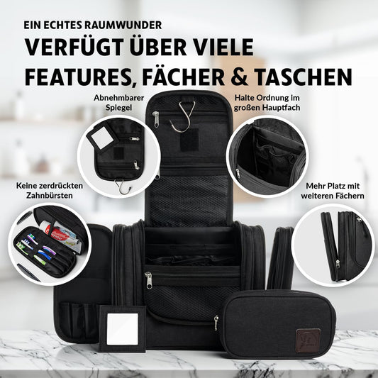 Obics toiletry bag for women & men large black 8L XL - hanging toiletry kit with mirror & travel pouch - outdoor cosmetic bag big as gift set with 10 compartments for camping & travelling