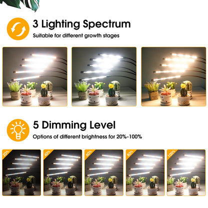 Wolezek LED Full Spectrum Plant Lamp, 5 Head 100 LEDs Plant Light with Stand, Growth Lamp for Plants with 6/12/16H Timer, 3 Color Modes and 5 Dimmable Levels, Grow Light, Indoor Plants