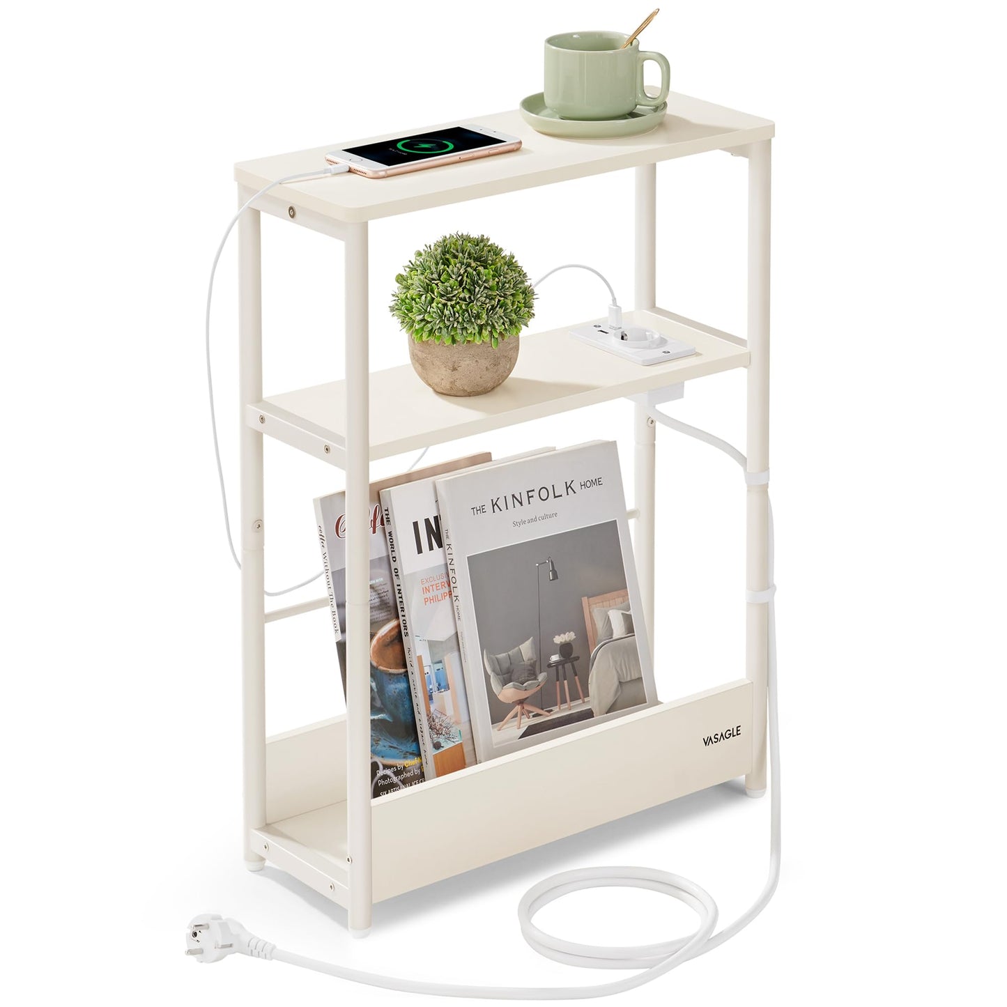 VASAGLE narrow side table with charging function, small coffee table with 3 shelves, magazine rack, for living room, bedroom, home office, cream white LET335W02