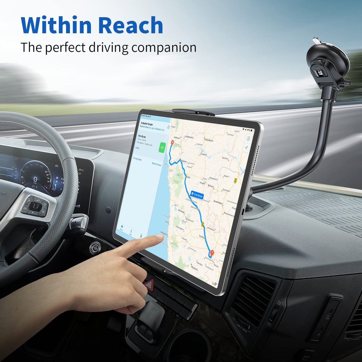 APPS2Car tablet holder for car, suitable for 7.9-11 inch tablets like iPad mini/9.7/10.2/10.5 and more. Features a 13" long arm, anti-vibration design, and 360 degree adjustability.