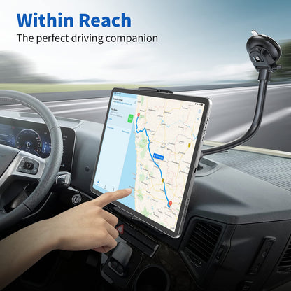 APPS2Car tablet holder for car, suitable for 7.9-11 inch tablets like iPad mini/9.7/10.2/10.5 and more. Features a 13" long arm, anti-vibration design, and 360 degree adjustability.