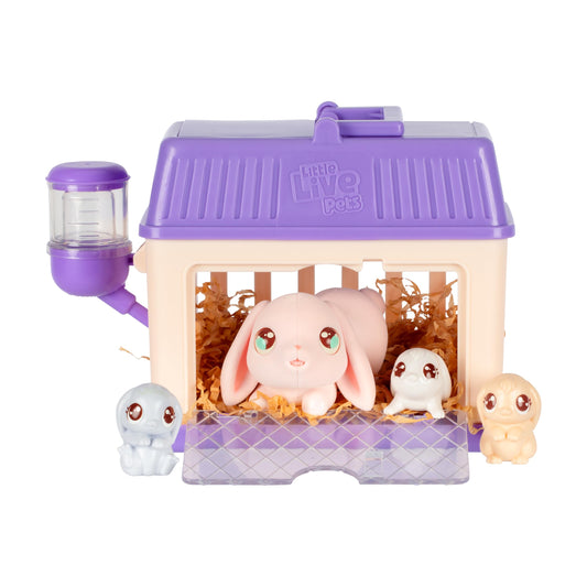 Little Live Pets - Mama Surprise Minis Bunny, take care of your hamster or bunny mom in her hutch and welcome 2, 3, or 4 mini babies.