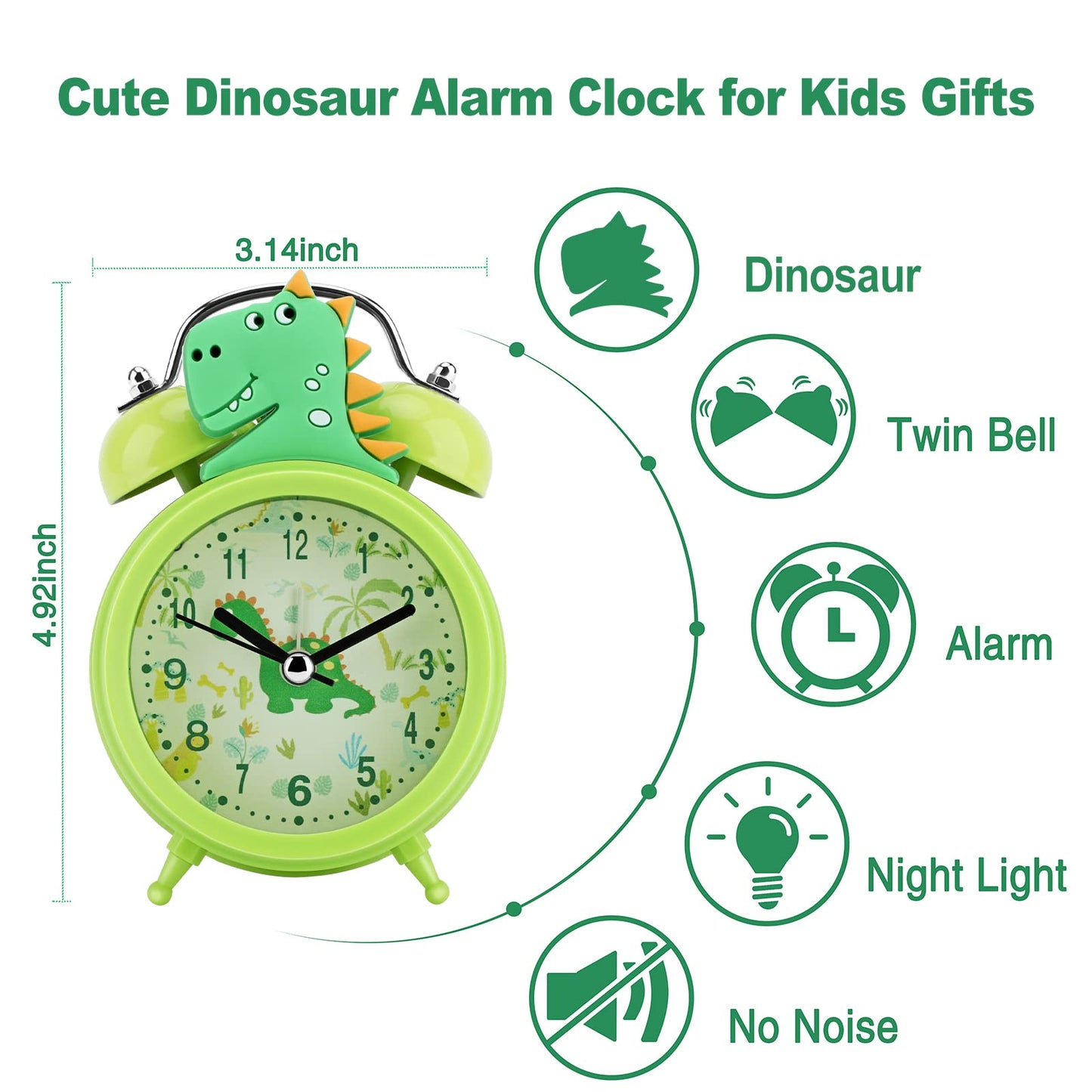 TCJJ Dinosaur Alarm Clock for Boys, Non-Ticking Cute Green Alarm Clock for Kids Boys, Classic Loud Double Bell Clock with Backlight, Suitable for School Gifts.