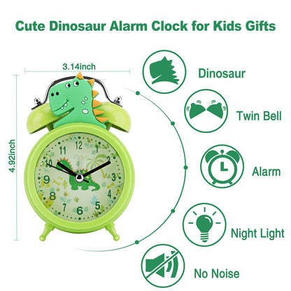 TCJJ Dinosaur Alarm Clock for Boys, Non-Ticking Cute Green Alarm Clock for Kids Boys, Classic Loud Double Bell Clock with Backlight, Suitable for School Gifts.