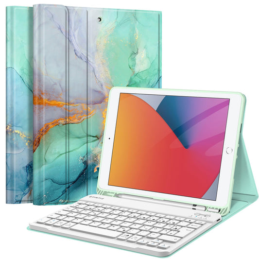 FINTIE Keyboard Case for iPad 10.2 Inch (9/8/7 Generation - 2021/2020/2019), protective cover with TPU backshell, pencil holder, and magnetically removable keyboard with QWERTZ layout, emerald.