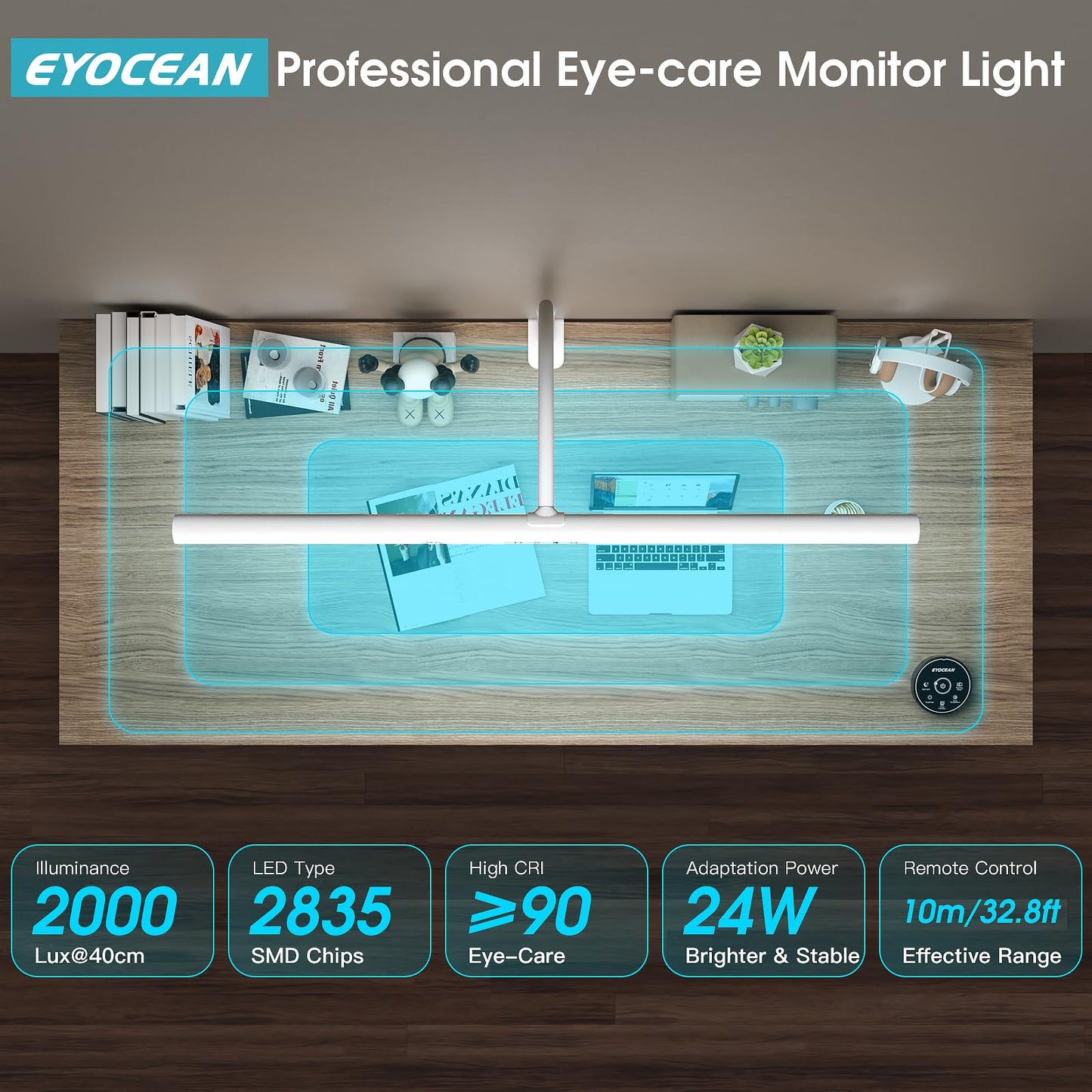 EYOCEAN desk lamp LED with gesture control & remote control, 24W 80CM clamp desk lamps, dimmable adjustable color temperatures monitor lamp, daylight lamp for home office, white.