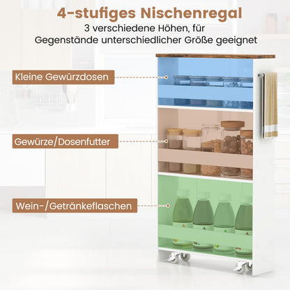 GIANTEX 13cm wide niche shelf, kitchen shelf kitchen cabinet kitchen trolley, niche cabinet niche trolley on wheels, bathroom shelf rolling cart wood 4 tiers, slim shelf for kitchen, 47.5 x 13 x 80.5 cm