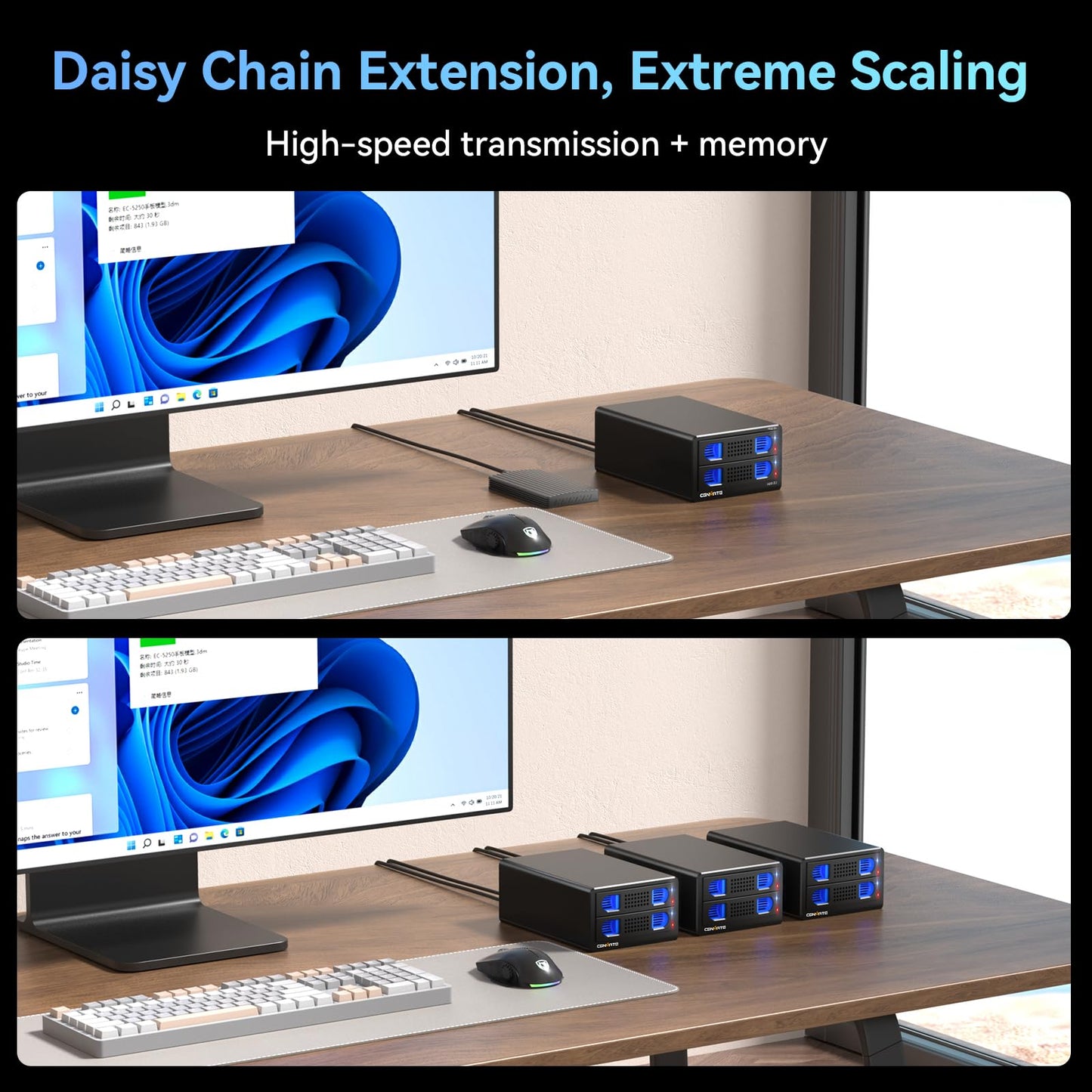 CENMATE Aluminum External Hard Drive Enclosure with Two Bays, Fan for 2.5"/3.5" SATA HDD/SSD with USB A/C 3.0, Tool-Free, Daisy Chain Expansion, DAS (NO RAID/NAS).