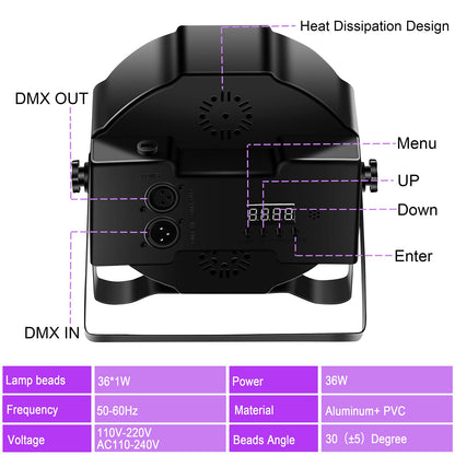 4 Blacklight UV Par Lights 36 LED DMX512 with remote control black light lamp with color changing via sound/auto disco light for DJ party bar Halloween wedding artistic photos.