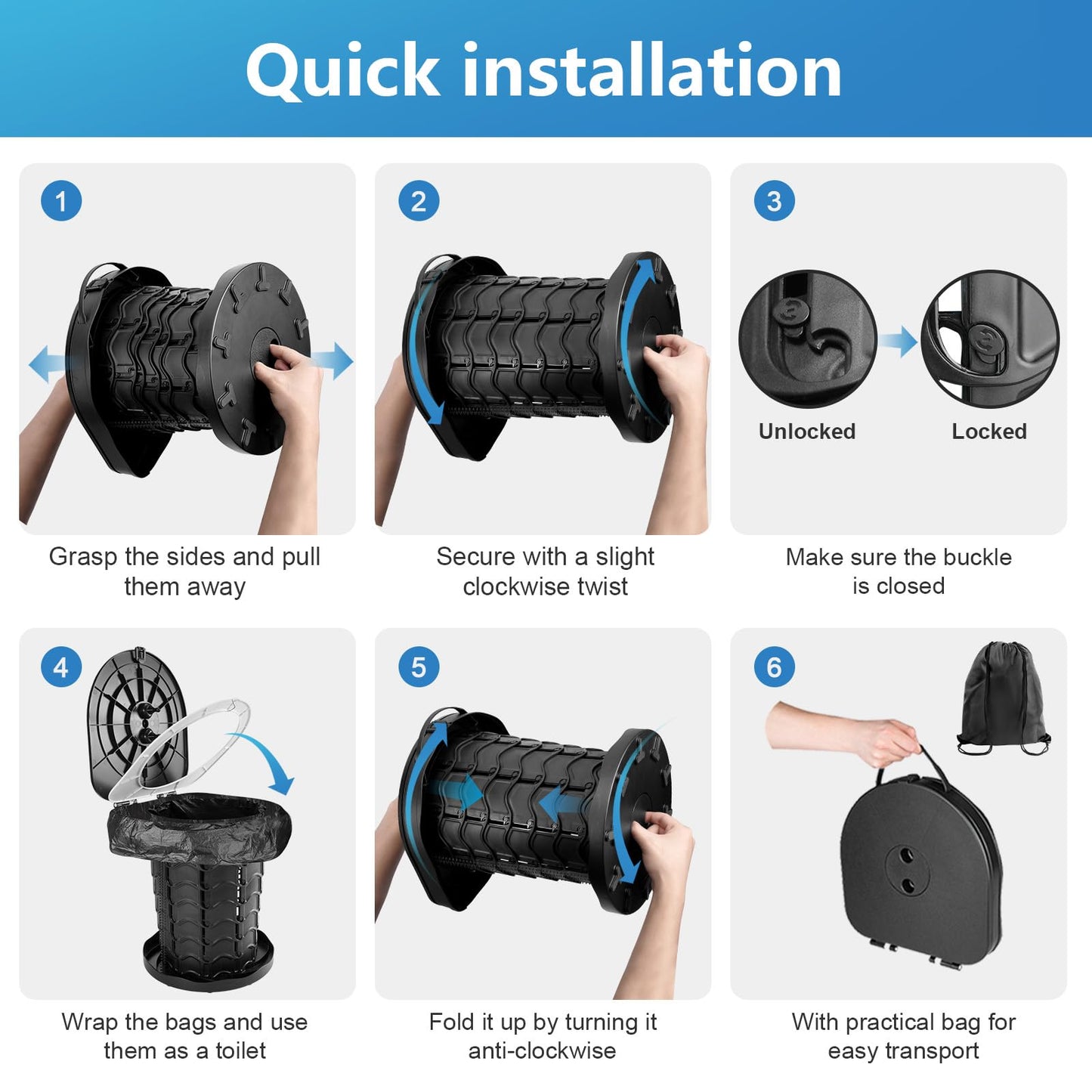 Upgraded camping toilet foldable with spring, includes lid and 10 trash bags. Ideal for camping, hiking, fishing, and parties. Supports up to 180kg.