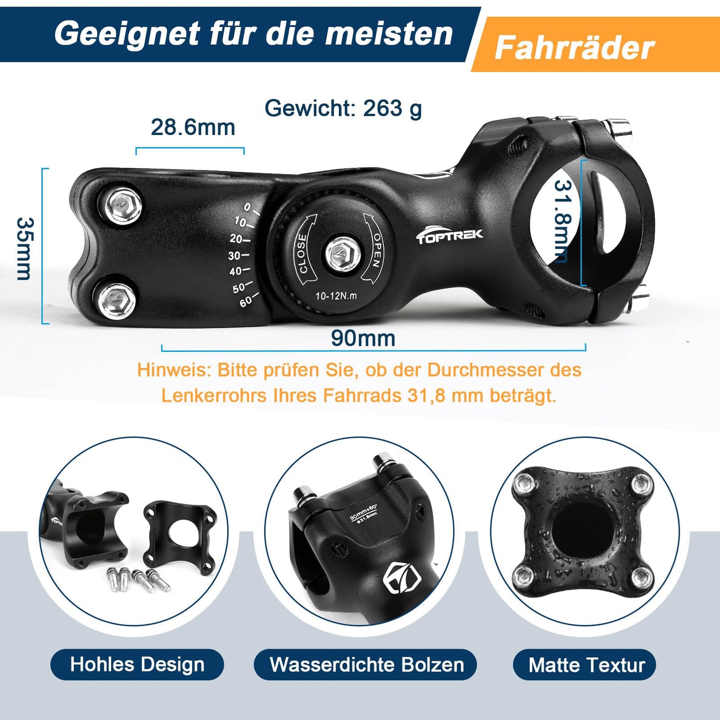Toptrek bike handlebar stem, handlebar height increase for bike 31.8mm, 90mm bike handlebar aluminum, adjustable handlebar stem ±60° adjustable, bike handlebar rise hexagonal hole design for MTB, road bike.