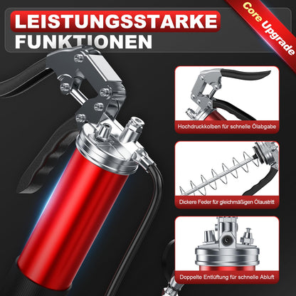 Amyzaval's grease gun for grease nipples, 8000PSI hand grip one-handed grease gun, heavy-duty barrel with grease gun nozzle, flexible hose and metal tube, grease gun for 400g cartridges, red