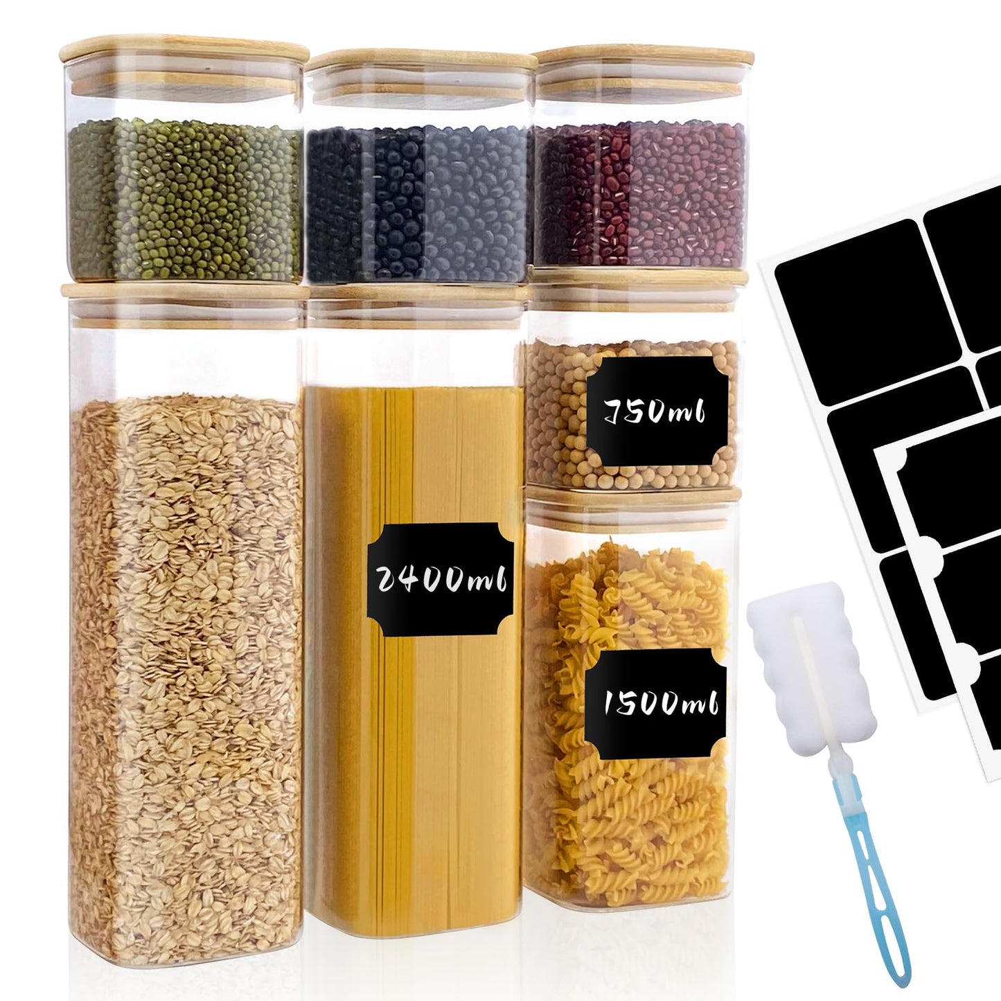 Withosent glass storage containers 7-piece set, 750ml/1500ml/2400ml storage jars with square lids, large glass container with wooden lid, kitchen storage jars for spaghetti, cereal, beans.