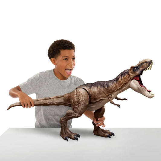 Mattel Jurassic World Dinosaur, Extra-large T-Rex action figure, 101 cm long, poseable with eating function, dinosaur toy, for kids ages 4 and up, HBK73.