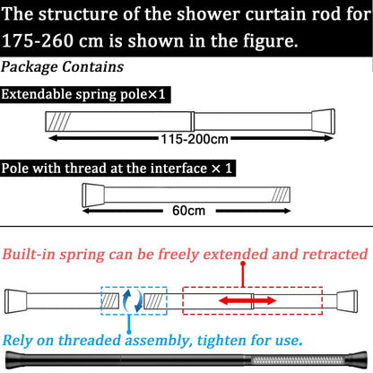 Curtain rod without drilling. Extendable telescopic rod for shower curtain, adjustable for cabinets, windows, wardrobe. 1 piece, white, 110-205 cm.