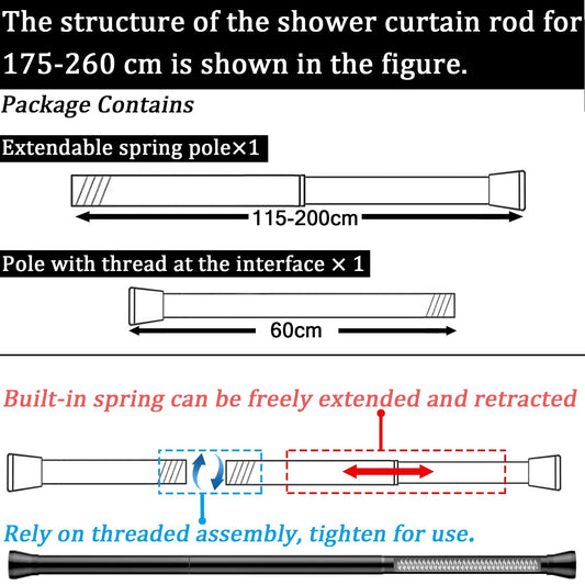 Curtain rod without drilling. Extendable telescopic rod for shower curtain, adjustable for cabinets, windows, wardrobe. 1 piece, white, 110-205 cm.