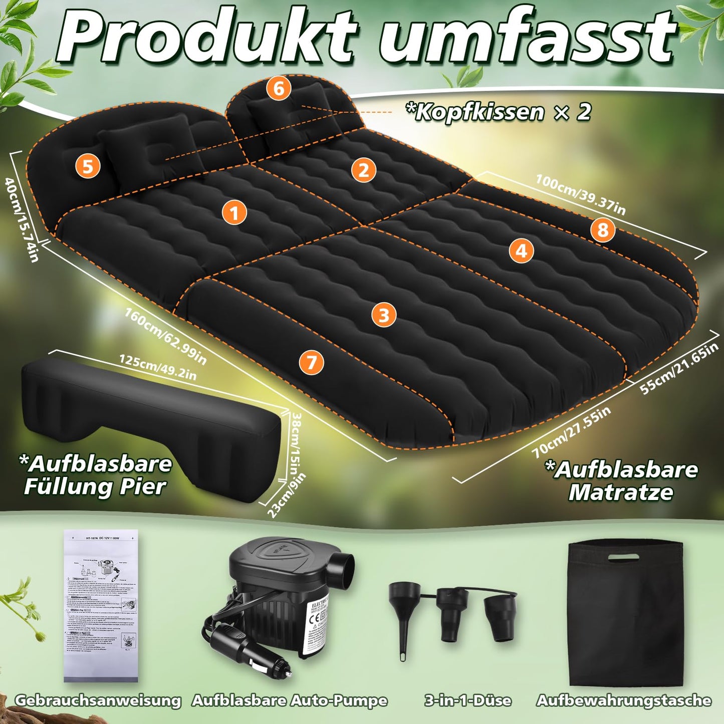 YOOHBERRY'S Car Mattress, 200*125cm SUV Car Air Mattress with Air Pump, 2 Pillows, Rear Seat Air Mattress Pillow, Thickened Flocking Inflatable Car Bed Trunk for Camping (200*125)