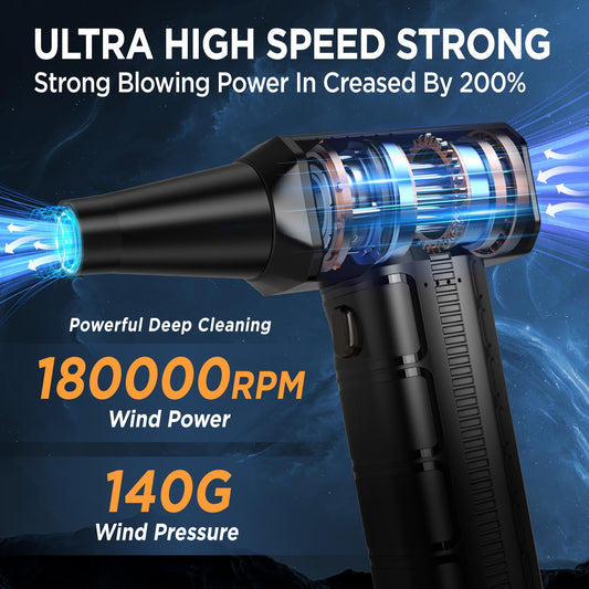 Air duster, 180,000 RPM, cordless, electric, 7500 mAh, rechargeable, brushless motor blower, 3-speed adjustable turbo fan duster for computer, car.