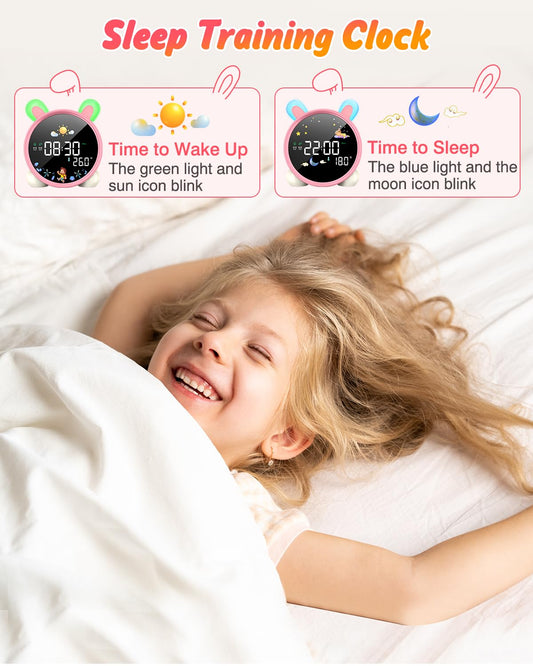 Lemnoi alarm clock for kids, kids sleep trainer for boys and girls, battery powered kids alarm clock light with night light, countdown, snooze function, 3 brightness levels, and colorful light.