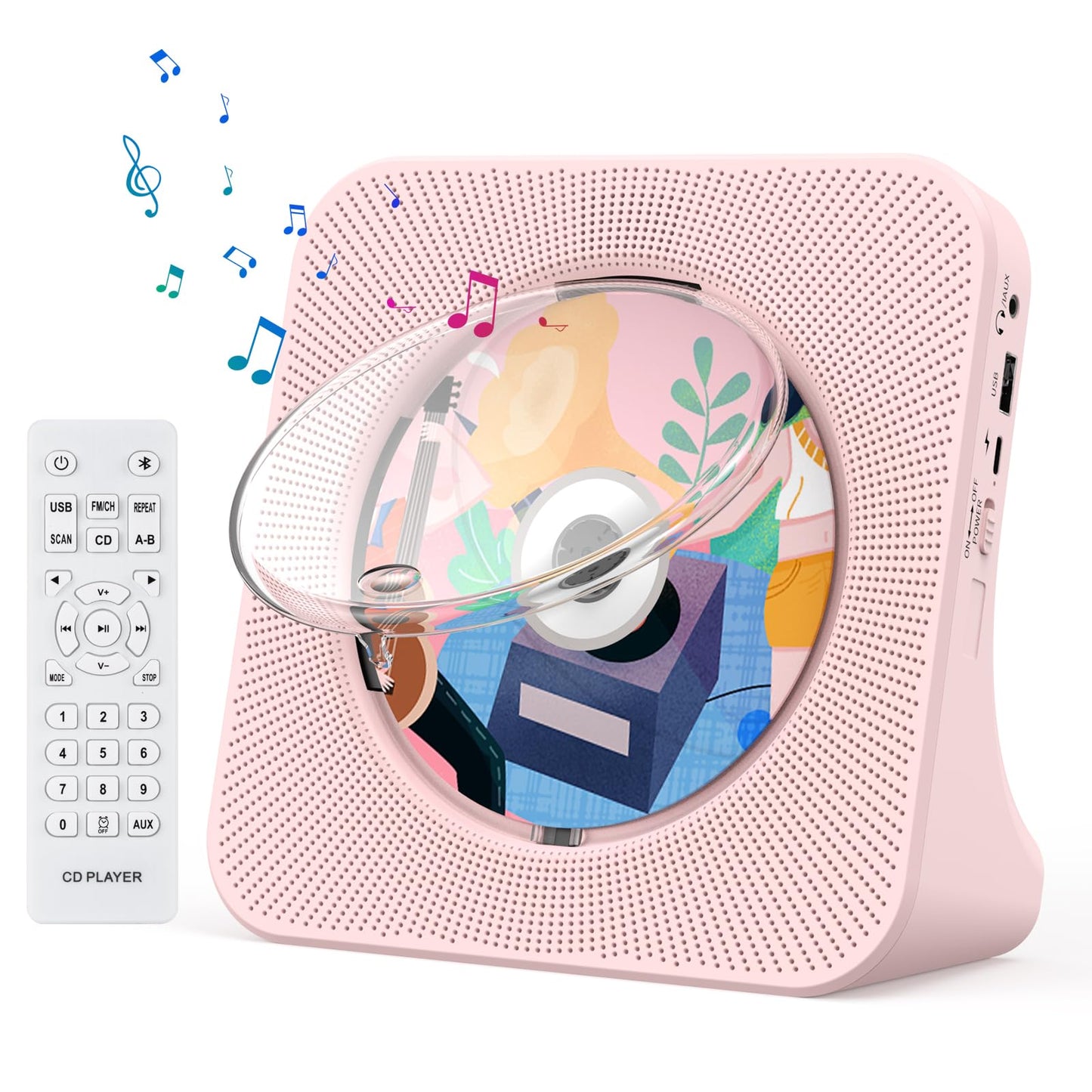 Gueray Portable CD Player with Bluetooth Desktop CD Player for Home Built-in Dual HiFi Speakers AUX Headphone Jack FM Radio Boombox with Remote Control USB Port LCD Display (Pink)