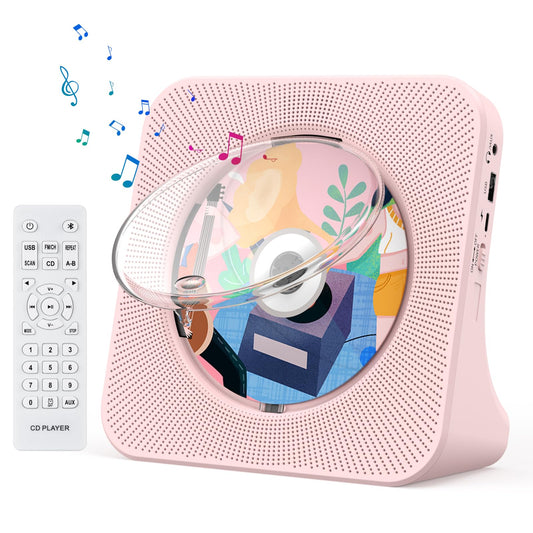 Gueray Portable CD Player with Bluetooth Desktop CD Player for Home Built-in Dual HiFi Speakers AUX Headphone Jack FM Radio Boombox with Remote Control USB Port LCD Display (Pink)