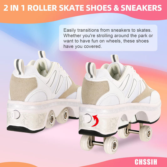 Girls and children roller skates shoes with wheels adjustable quad kick roller skates for women 2 in 1 inline skates deformation sneakers for beginners, gray-41EU