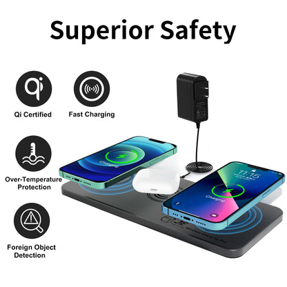 3-in-1 Wireless Charger Pad, 15W Max Inductive Charging Station for Apple iPhone 16/15/14/13/12/Pro/Max Qi Triple Wireless Charger for AirPods, Black (With Adapter)