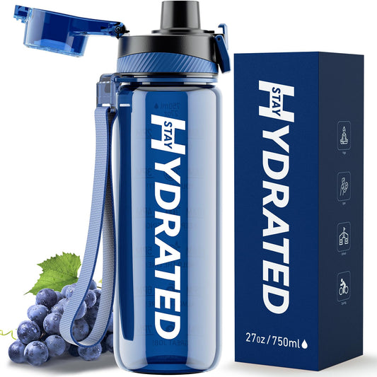 Mevoly 750ML water bottle, BPA-Free Tritan sports bottle with time markings. Leak-proof for fitness, outdoor, gym, school.