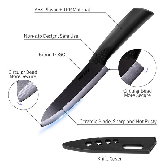 Ankway Ceramic Knife Set with Protective Cover 5 Pieces, 2023 Knife with Peeler Kitchen Knife Set Knife Cutting Knife Chef's Knife Sharp Cake Knife for Meat Fruit Vegetables, Black.