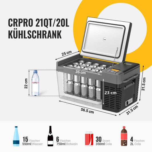BougeRV CRPRO Compressor Cooler 12v, 20 Liter Car Fridge (-22℃~10℃), 12/24V DC &110-240V AC Portable Car Refrigerator, 12v Cooler, for Car, Camping, Travel (Updated Version)