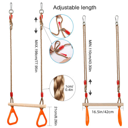 PELLOR Multifunctional Kids Wooden Trapeze Swing with Plastic Gym Rings, supports up to 160KG.