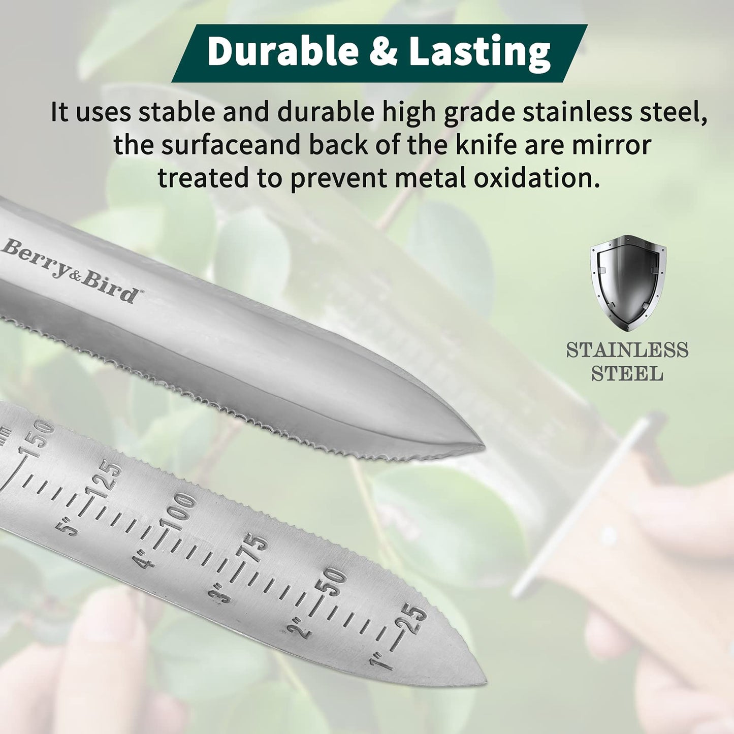 Berry & Bird Hori-Hori Garden Knife, Ground Shovel Barebones 7" serrated blade pruner for removing weed roots gardening digging tool.