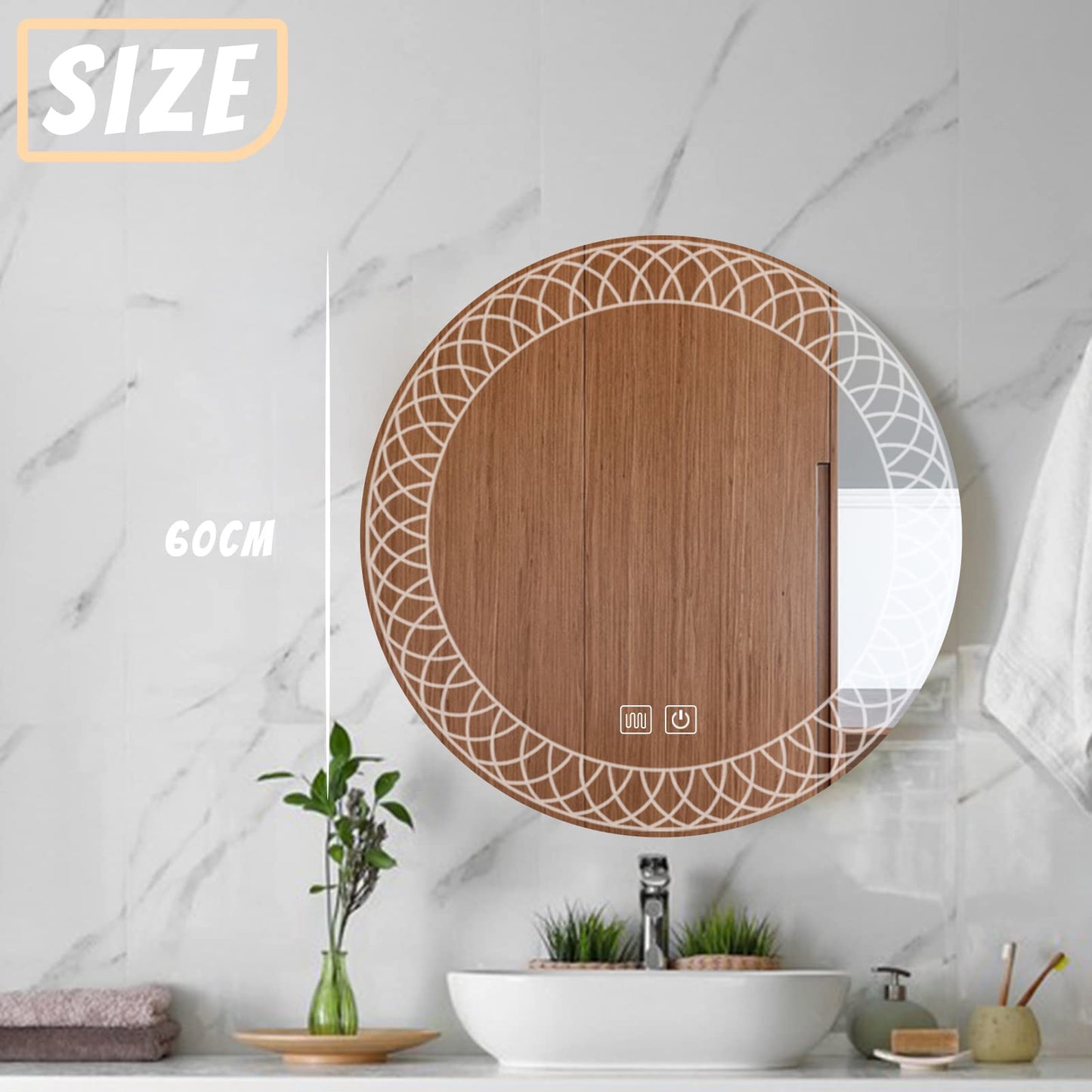 YOSHOOT Bathroom Mirror with Lighting, 60cm Round Wall Mirror LED Lighting, Anti-fog Large Makeup Mirror, Touch Button Dimmable 3 Colors LED Light 6400K IP44 (Kaleidoscope)