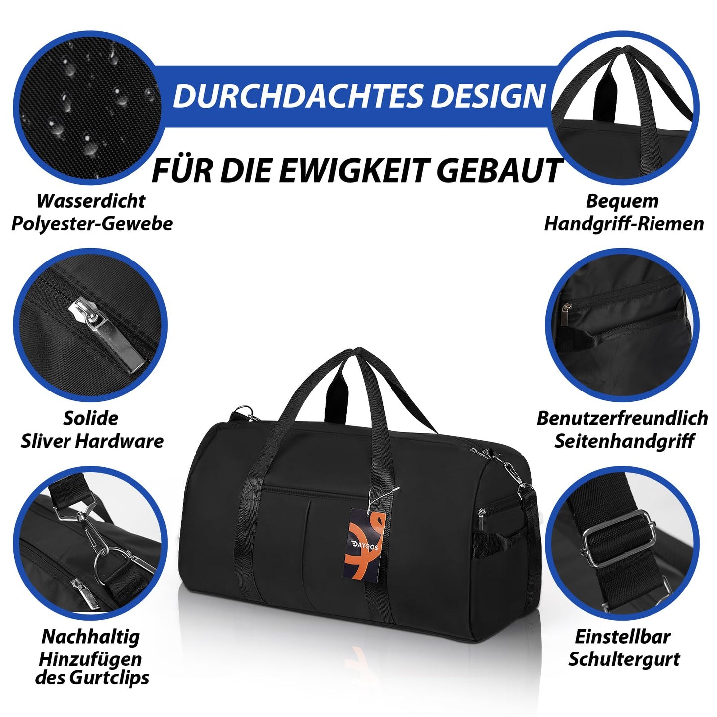 DAYGOS sports bag for men, duffle bag with shoe compartment & wet pocket, waterproof 40L gym bags, swim bag, training bag for sports, gym & fitness, weekend travel duffel bag (black)
