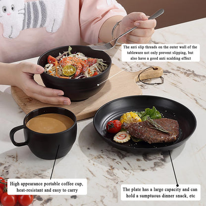 Mountain country camping cutlery set of 2 pieces, reusable cutlery sets with knife, fork, spoon, cups and plates, and bowls, portable travel cutlery set, easy to clean, dishwasher safe.