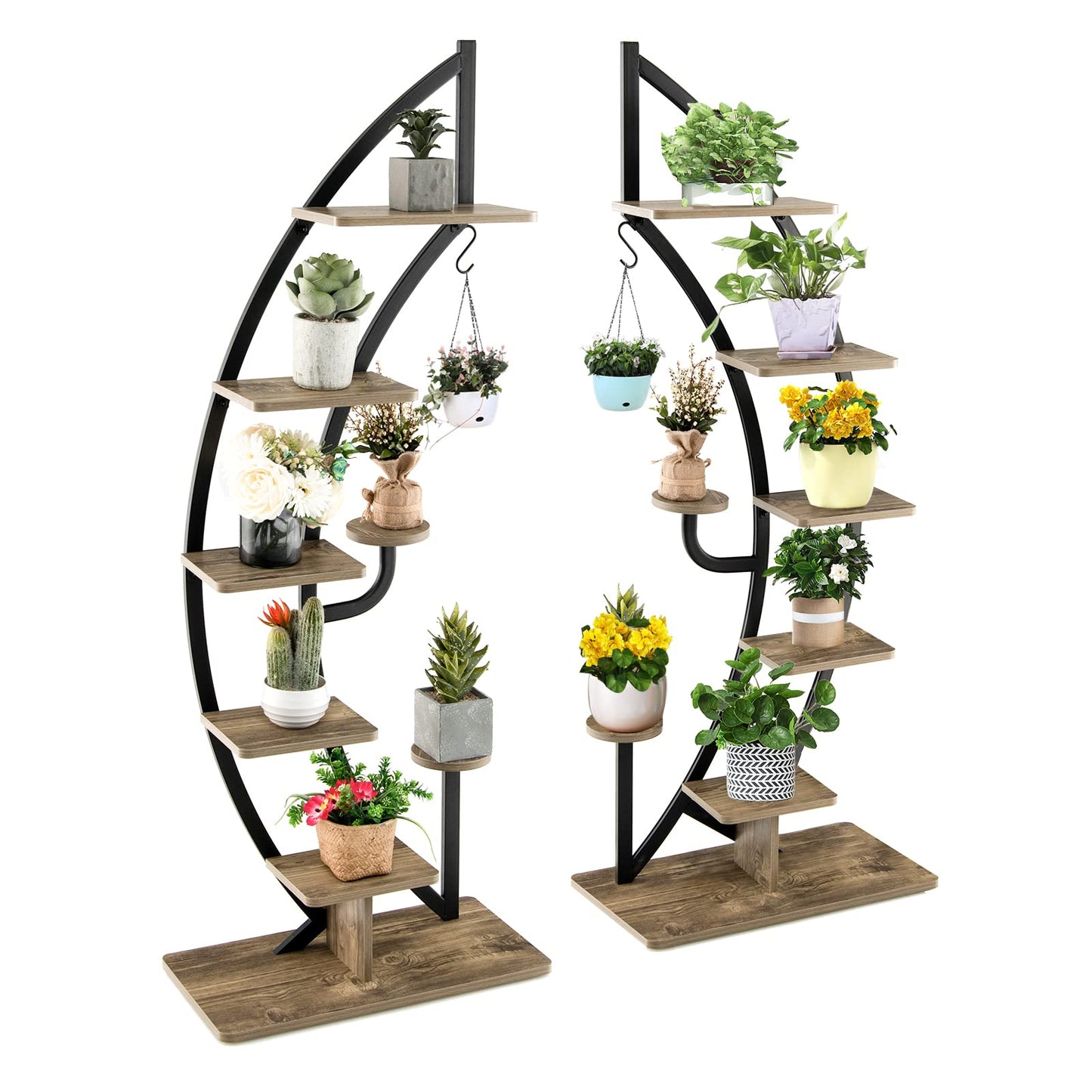 COMFOTTEU 5-tier Plant Stand, Metal Plant Pot, Plant Stand with Tilt Protection, Plant Holder with 7 Tiers & 1 Hook, Display Stand for Patio Garden Balcony, Black (2 Pieces)
