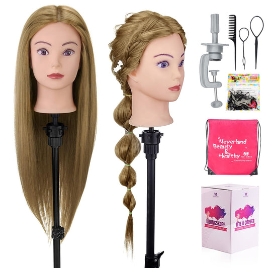 Neverland Hairstyling Head, 28 Inch 60% Real Human Hair Mannequin Head for Hairdressing with Table Clamp + DIY Hair Styling Tools Set (Gold)