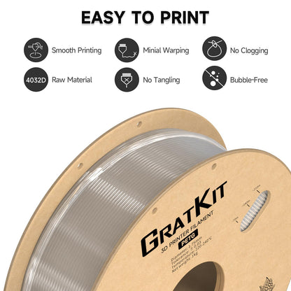 GratKit PETG 3D printer filament 1.75mm 6kg spool, 3D printing filament ±0.03mm precision, Easy to print, Even winding, 6 * 1KG, 6 Packs, Transparent