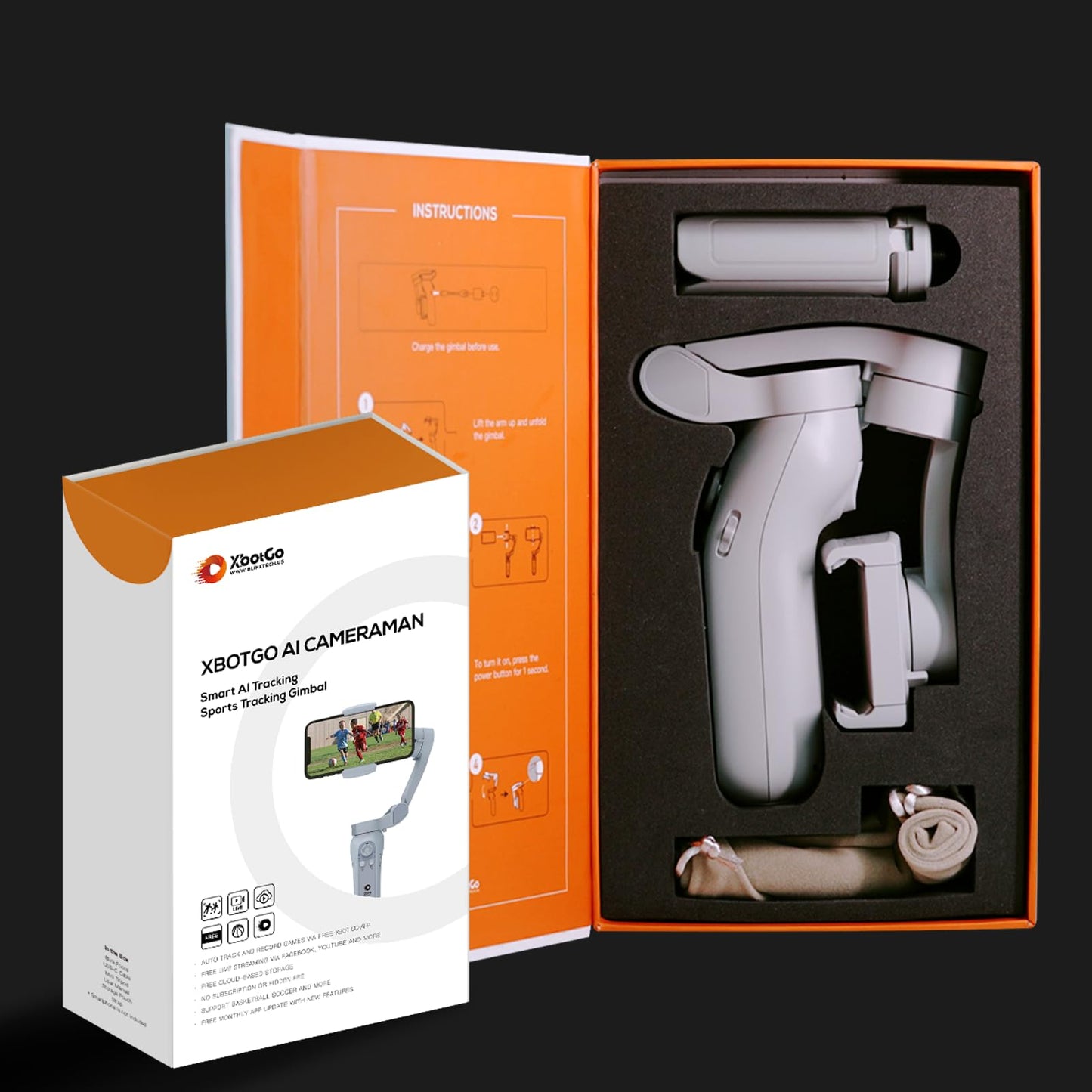 XbotGo sports camera for basketball and soccer games, AI automatic recording, 3-axis phone gimbal, portable and foldable, vlogging stabilizer for Android and iPhone gimbal.