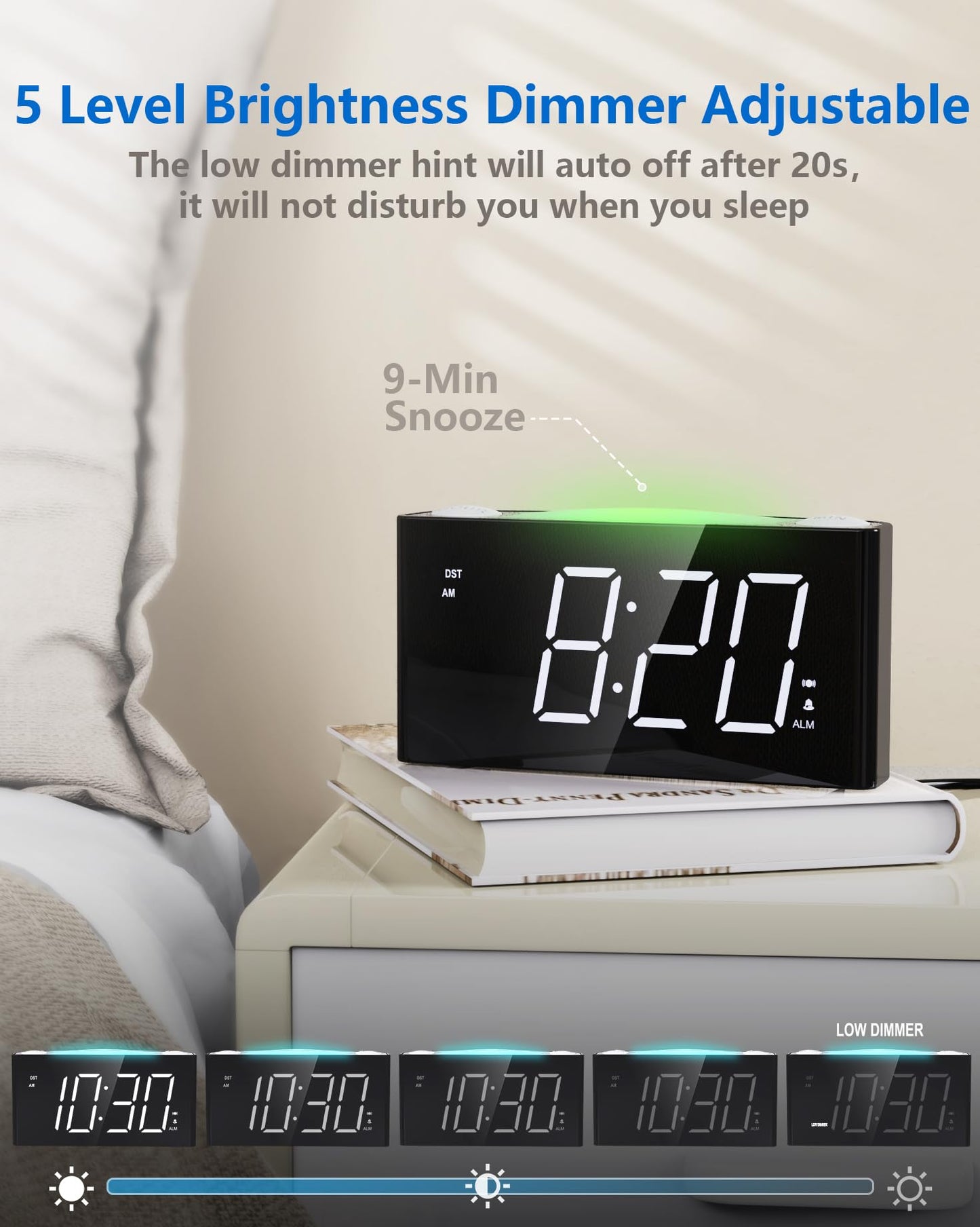 Alarm clock with vibration for deep sleepers & hearing impaired, Type C charger, 12/24 H, loud alarm with 7 ear-piercing levels, large LED display, dimmer, snooze, battery backup, digital alarm clock for bedroom.