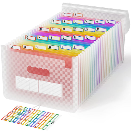 ABC life document folder A4 with grid pattern, 26 compartment file organizer, rainbow accordion expandable filing folder, large capacity document bag, A4 portable file sorter for school (pink)