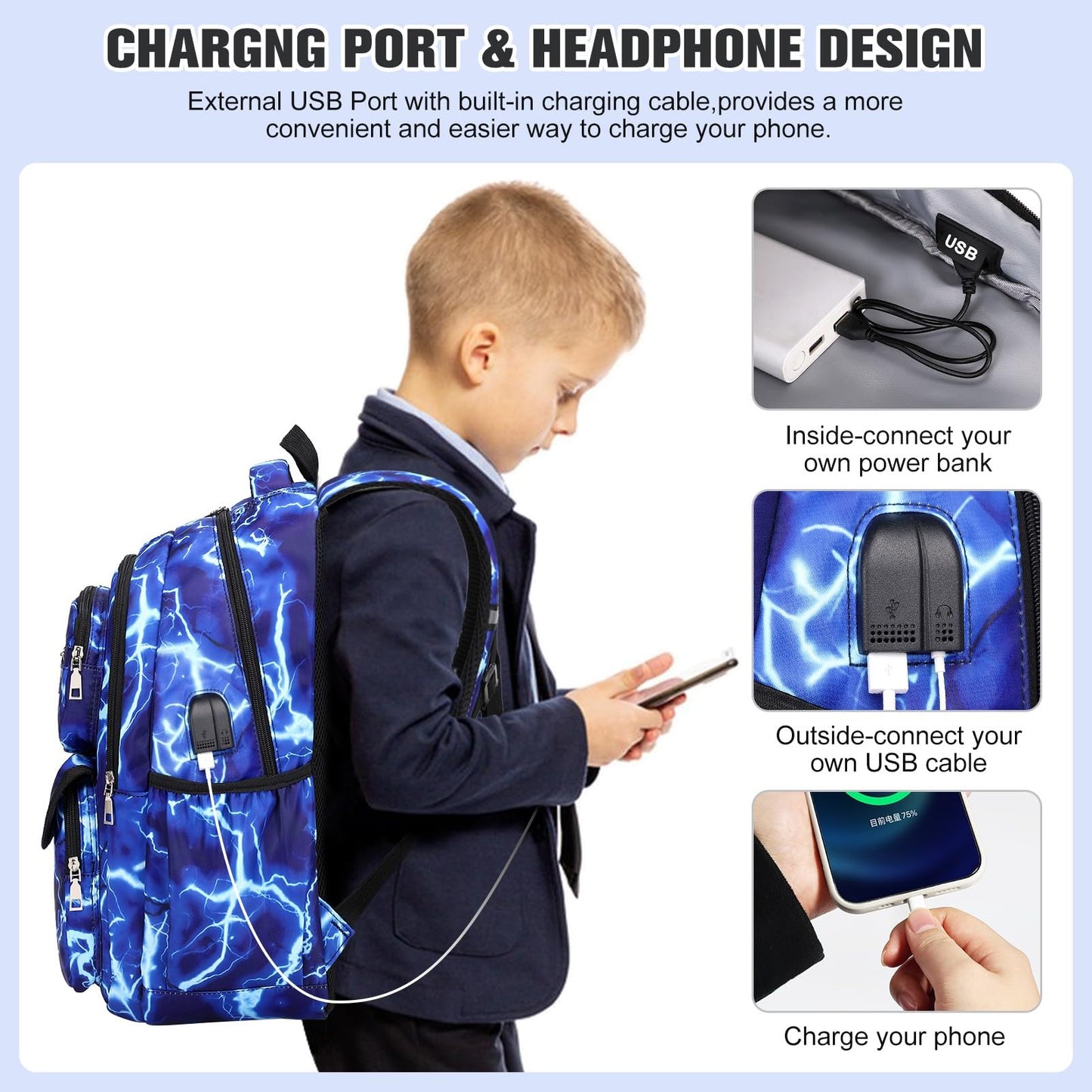 Bevalsa backpack for boys, flash school bag for children with lunch bag and pencil case, book bag for boys girls kids teens for elementary middle school Congratulations (Lightning strike)