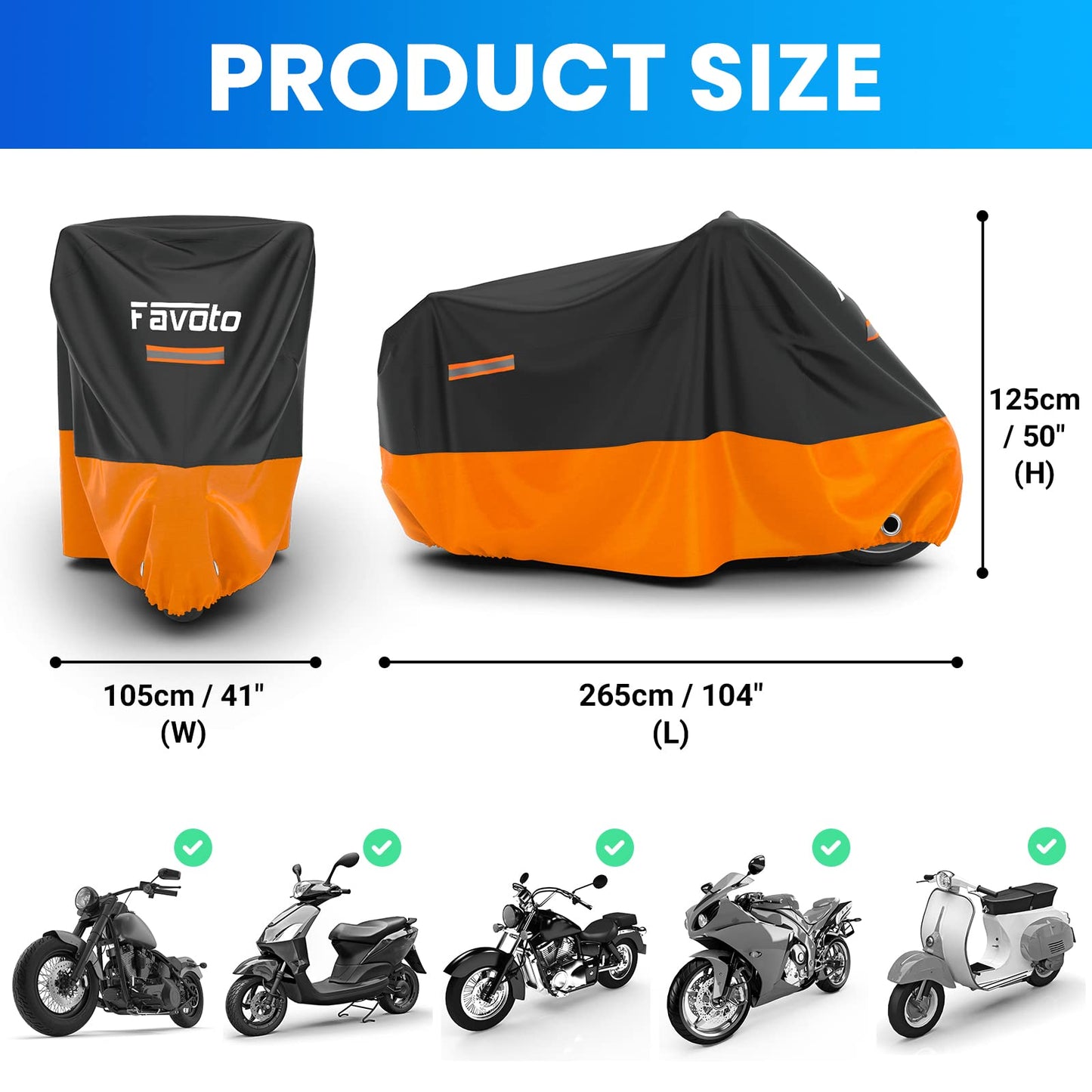 Favoto Upgraded Waterproof Motorcycle Cover Outdoor Motorbike Garage Scooter Cover Windproof Orange-Black XXXL with 2 Buckles.