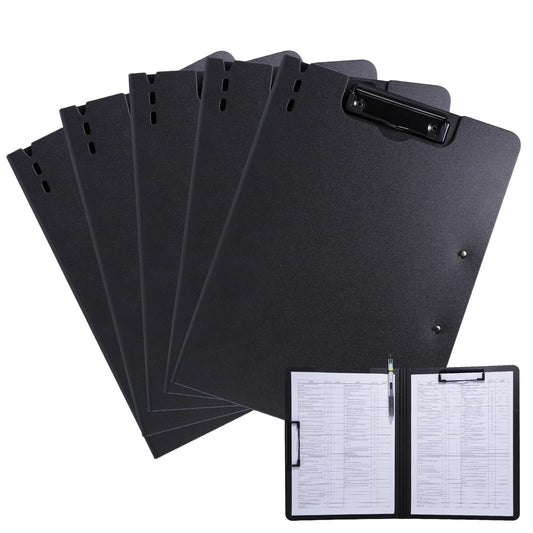 FRETONBA Clipboard A4, Pack of 5 Clipboard with cover, Clipboard folder with 2 clips, Writing board for office/construction/school. Black.