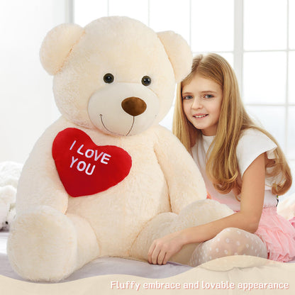 MorisMos 150cm giant Teddy bears with heart, beige large teddy bear XXL plush toy, cuddly plush bear XXXL, Valentine's Day birthday love gift partner wife mother children girlfriend