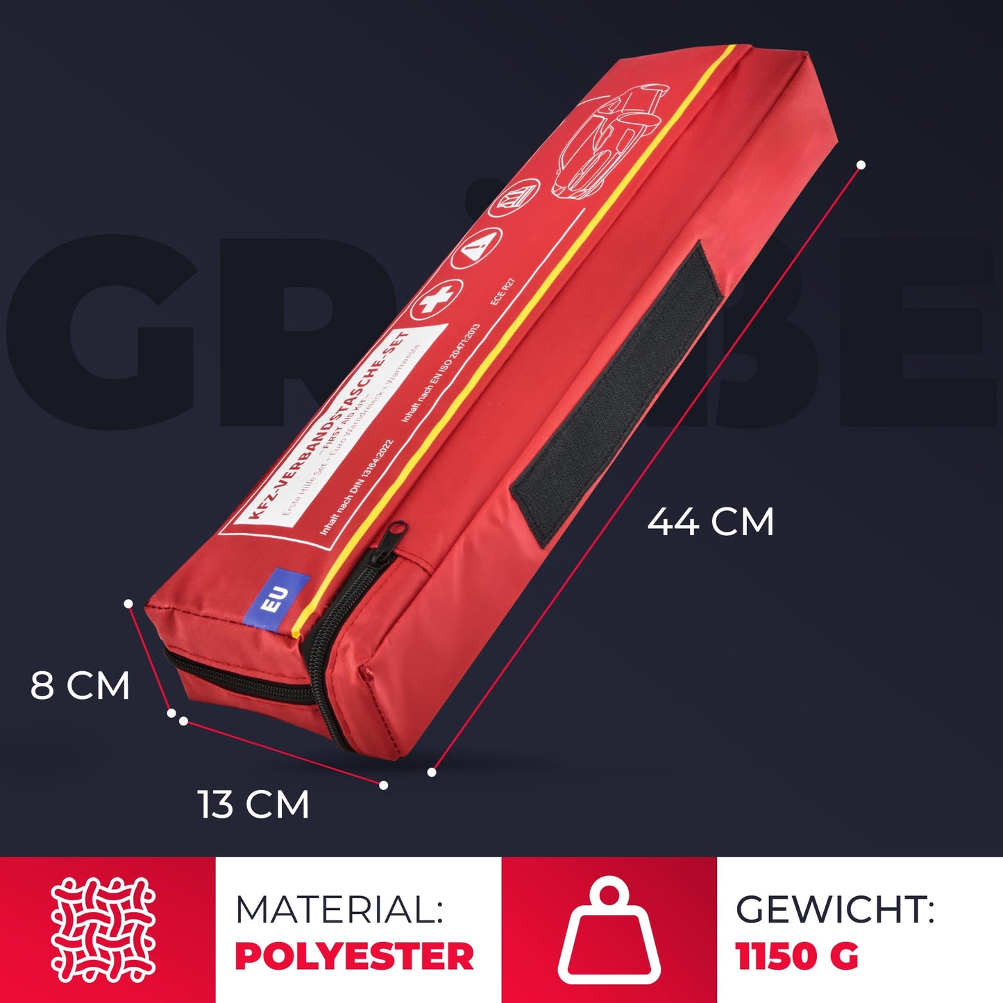 Automotive first aid kit including warning triangle & high-visibility vest until 2029 [EU-compliant] according to DIN 13164:2022. First aid kit, emergency set for car, camper, and home. 100% reliable. Smart Planet.